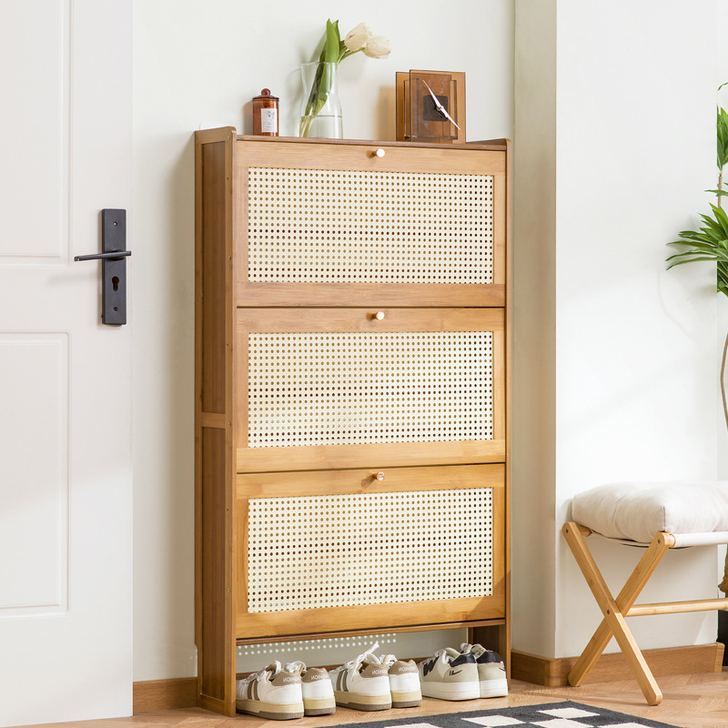 Room Divider Bamboo - Household wooden shoe cabinet, rattan breathable
