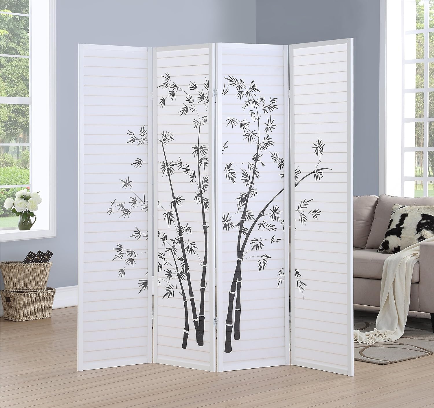 Room Divider Bamboo - 4-Panel Bamboo Print White Framed Room